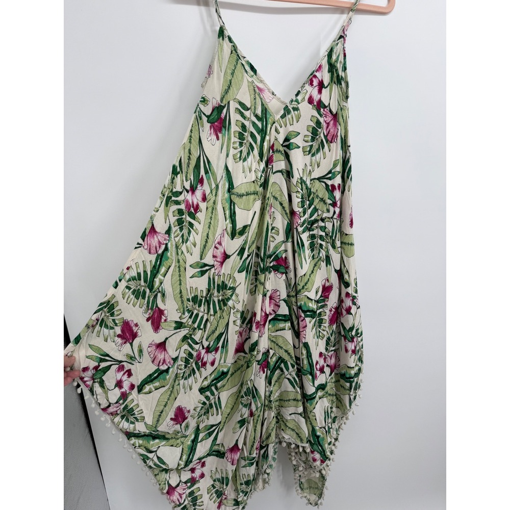 Goa Japna Beach Coverup Women Medium Cream Tropical Floral Pom Pom‎ Trim Dress
